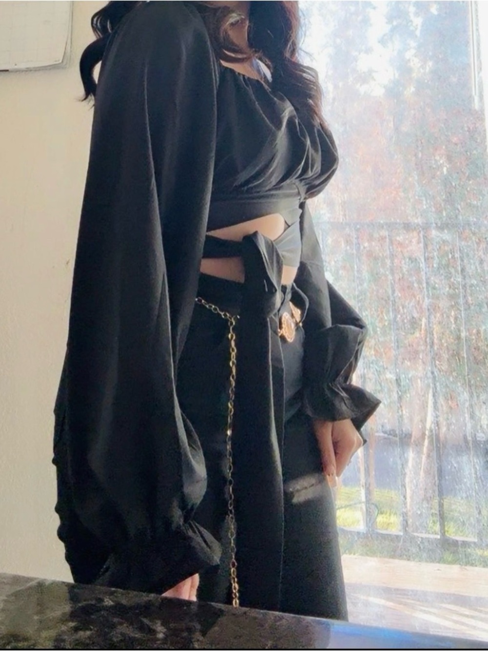 Amazon Black Tie-Front Crop Top with Puff Sleeves
